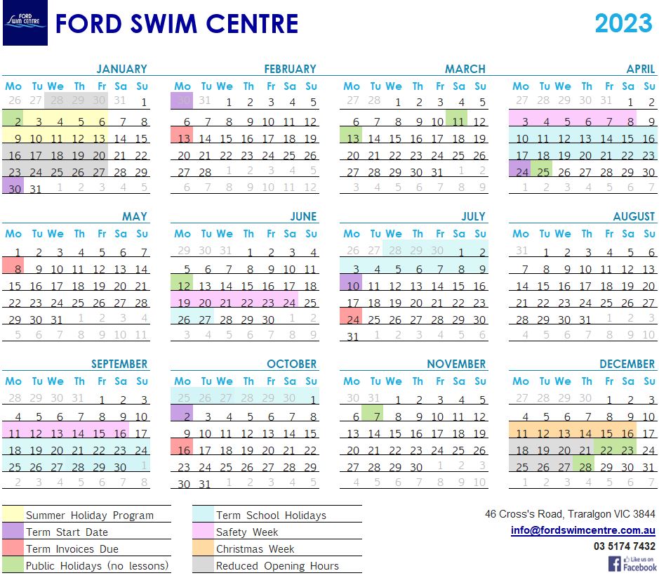 Swim Calendar Ford Swim Centre